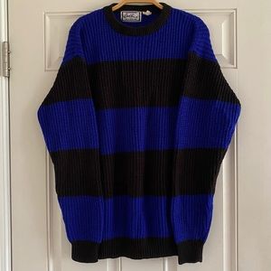 Vintage 90s Bri Crewneck Sweater Striped Knit Acrylic Black Blue Grunge Fairy